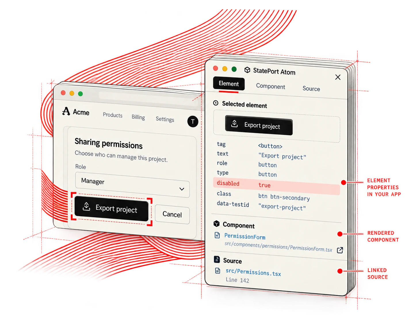 Illustration of the Atom workflow: Select a page element. Inspect its properties, component context and linked source. Edit locally, then explicitly inspect again.