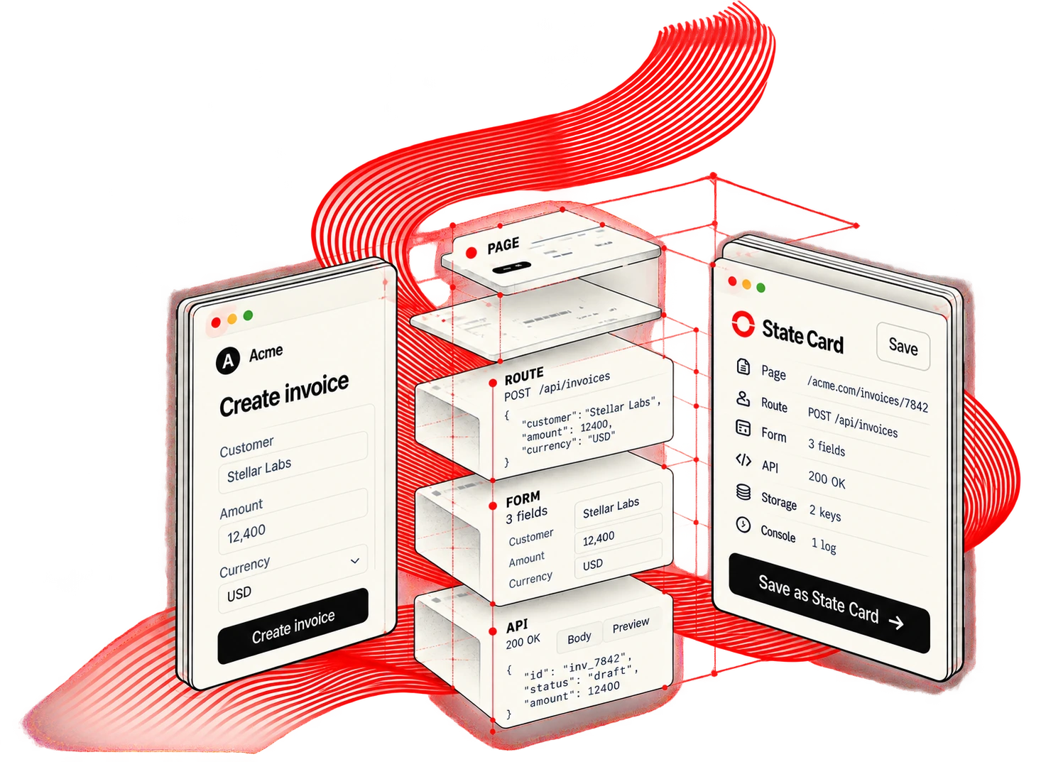 Illustration of the Capture workflow: Capture a page, form and API material. Review what matters and keep it together in one shareable case.